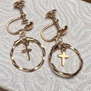 Vintage gold tone cross in hoop dangle screw back earrings